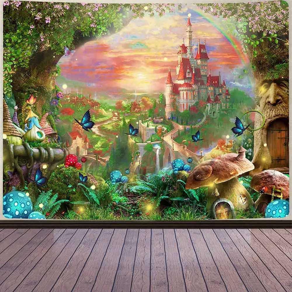 Castle Tapestries Fairy Tale Fantasy World World Cartoon Forestry Tapestry Magic Tapestrygirls Camera da letto soggiorno Dorm Party Wall Decor R0411