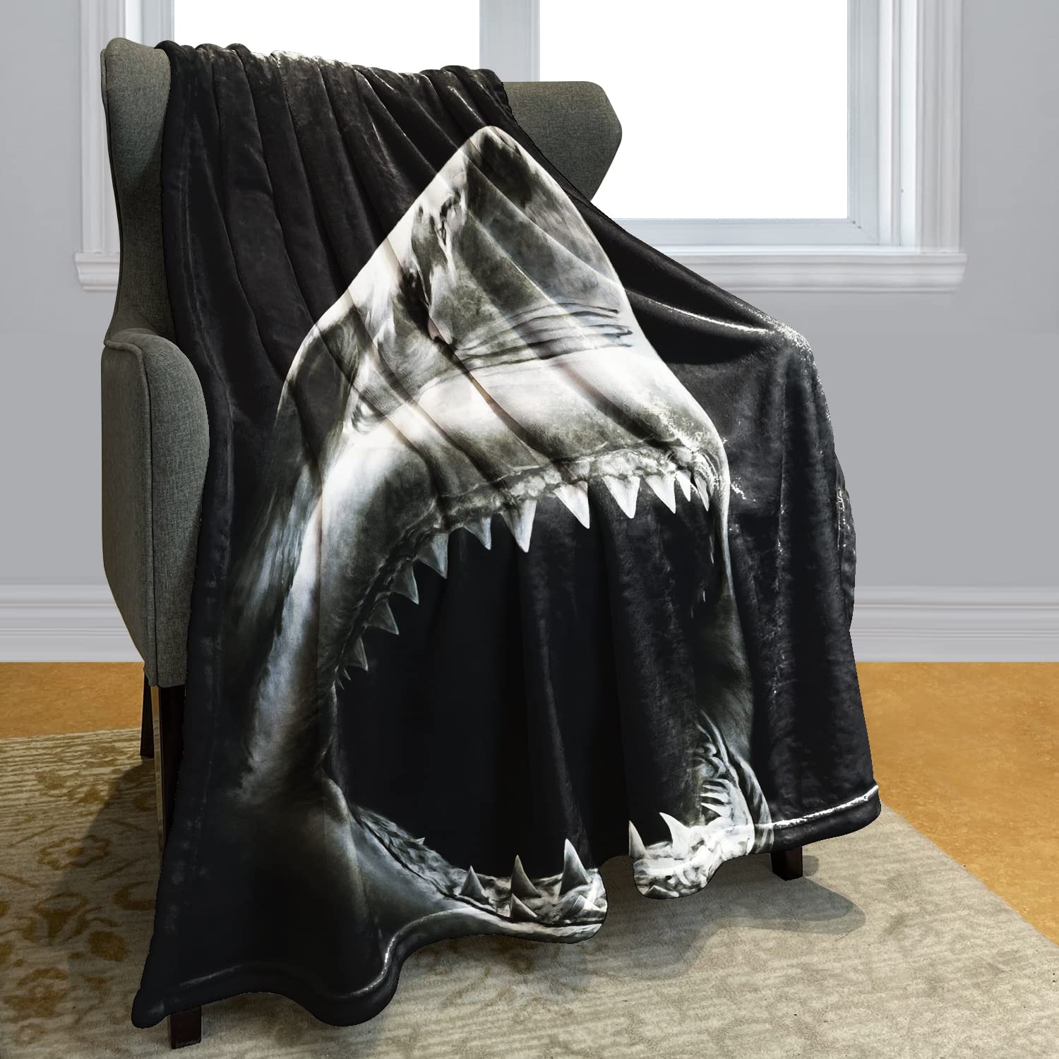 Deep Sea Shark Blanket Comfort Warmth Soft Cozy Easy Care Machine Wash Black Throw Quilt for Sofa Bed Home Decor Gifts