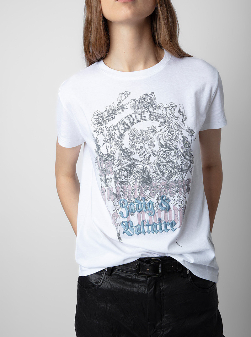 2024 Französische Modemarke ZV Damen klassischer Schädel Blume gedruckte Buchstaben Sticked Damen Kurzärmelig T-Shirt Y2K Top T-Shirt Damen Weiße Kleidung