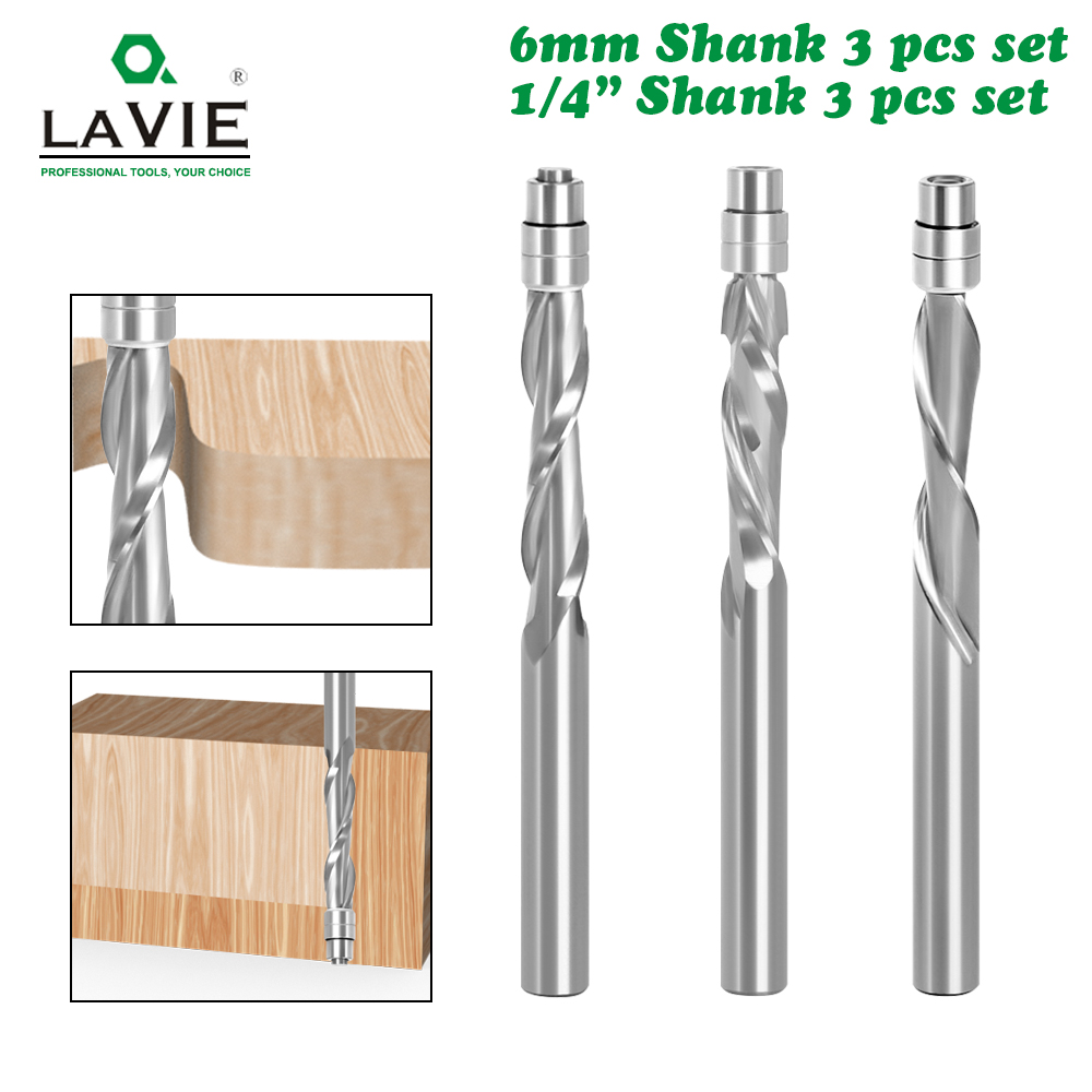 LAVIE 6mm 6.35mm Shank Solid Carbide Bearing Guided Two Flute Flush Trim Router Bits Woodworking Milling Cutters Z06AT3A