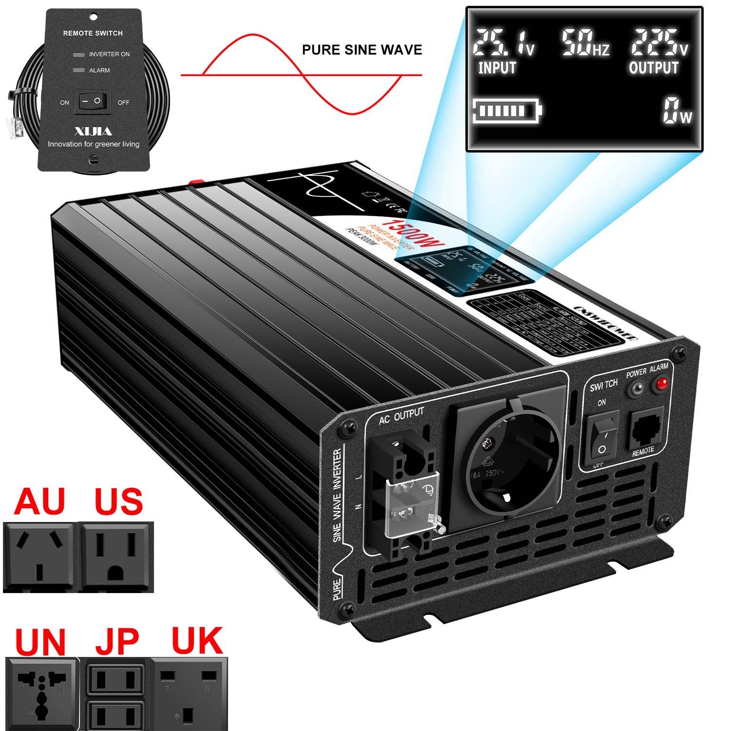 1500W Inversor de potência de onda senoidal de 1500W 12V/24V/48V DC a 110V 220V AC LCD Tela