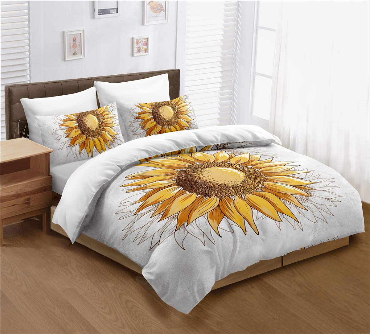 Couvre-couette de tournesol Ensemble de literie à rayures rayures rayures noires tournesols jaunes design blanc noirs garçons filles couverture de courtepointe reine