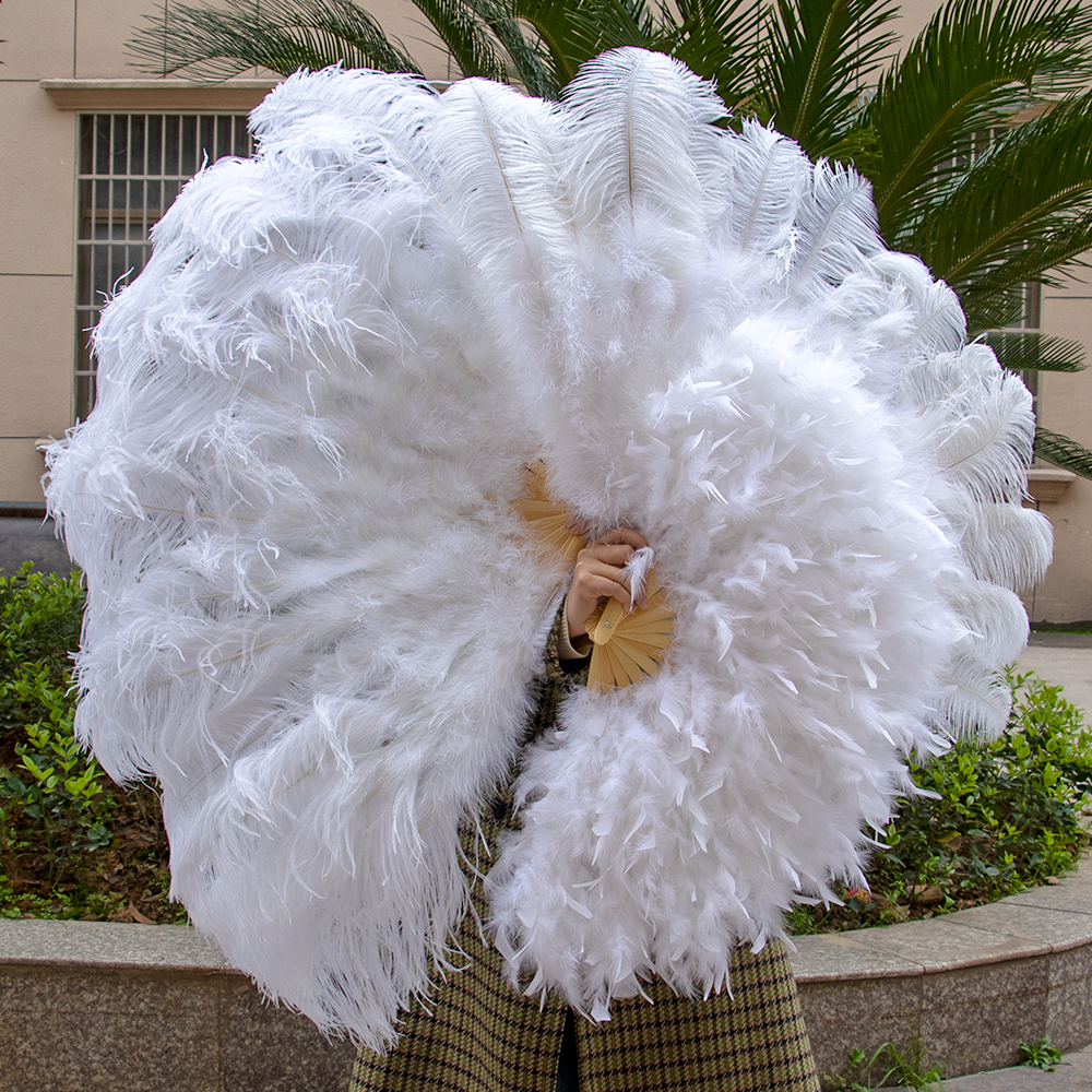 Natural Ostrich Feathers Big Fan Hand Held Folding White 100cm Long Fans for Performance Dance Party Carnival Show Props