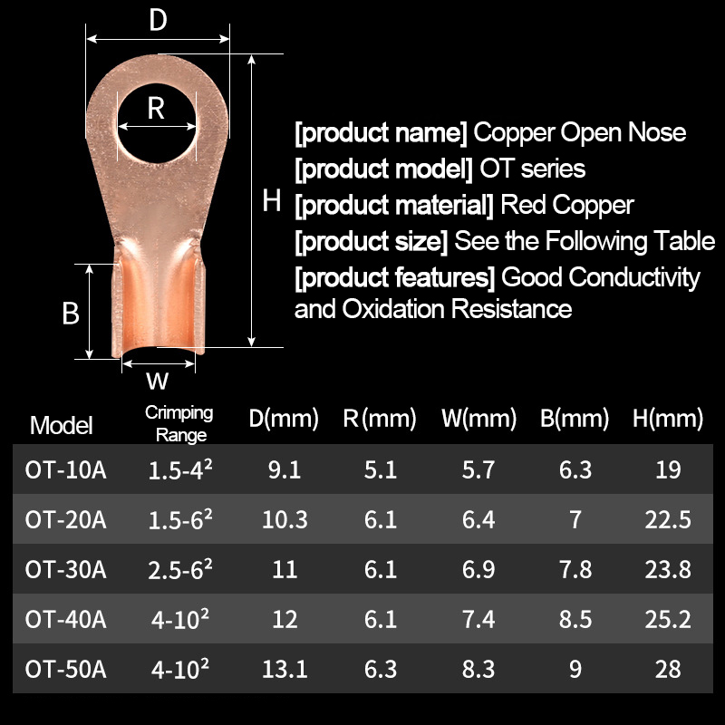 70/160/280/OTタイプ10A 20A 30A 40A 50A銅オープン接続ノーズケーブルワイヤーコネクタクリンプリングシートターミナル