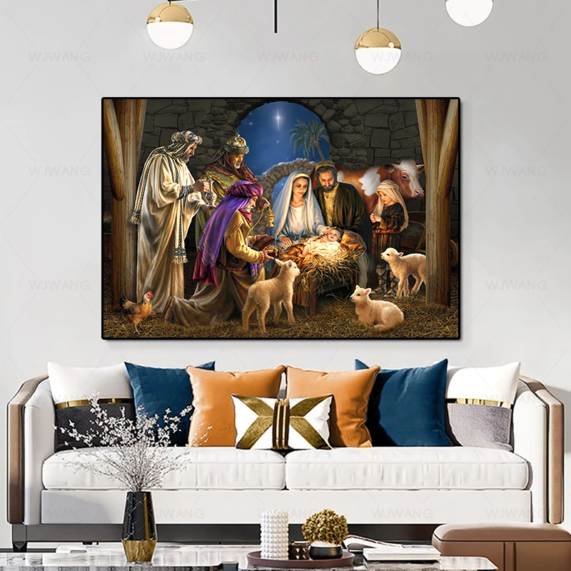 Christian Natity Manger Scene Poster Canvas Stampe Gesù Birth Wall Art Painting Immagini Decorativo Decorativo Decorazioni la casa