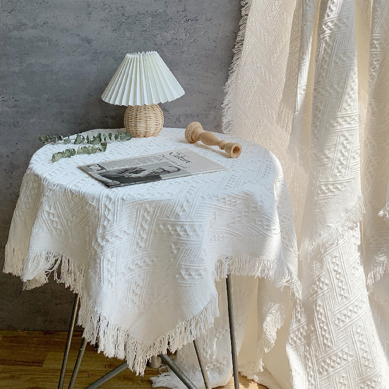 Table Cloth Photographic Props Background Cloth White Tablecloth Simple Style Patterned Tablecloth Tassel Lace Home Decoration