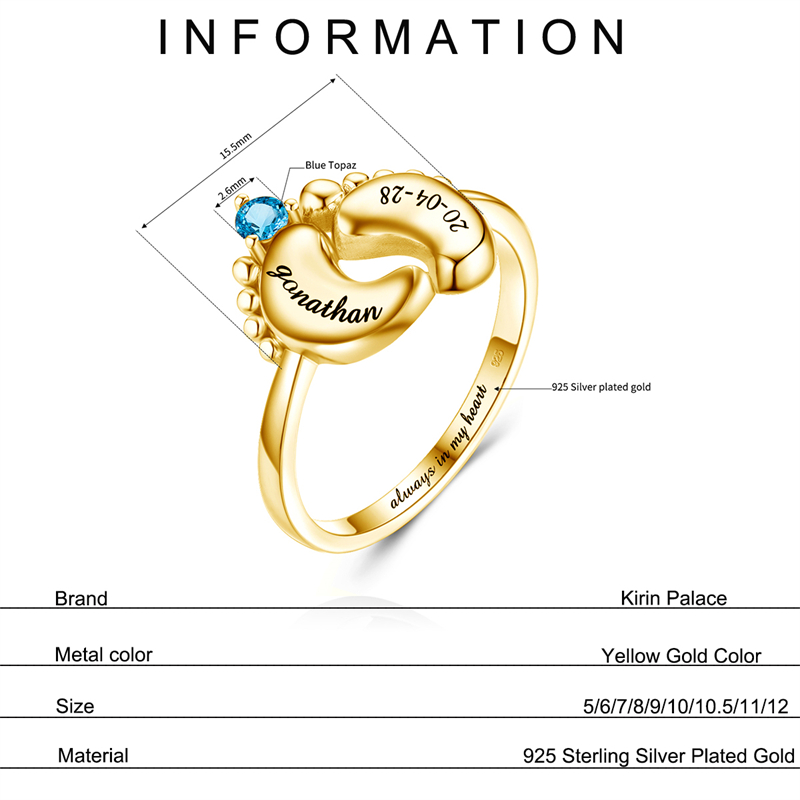 925 Pragem de prata esterlina 14K Mulheres de ouro amarelas Ringem o pé de bebê com 12 Birthstone Fine Jewelry Trendy Ring Presente de casamento