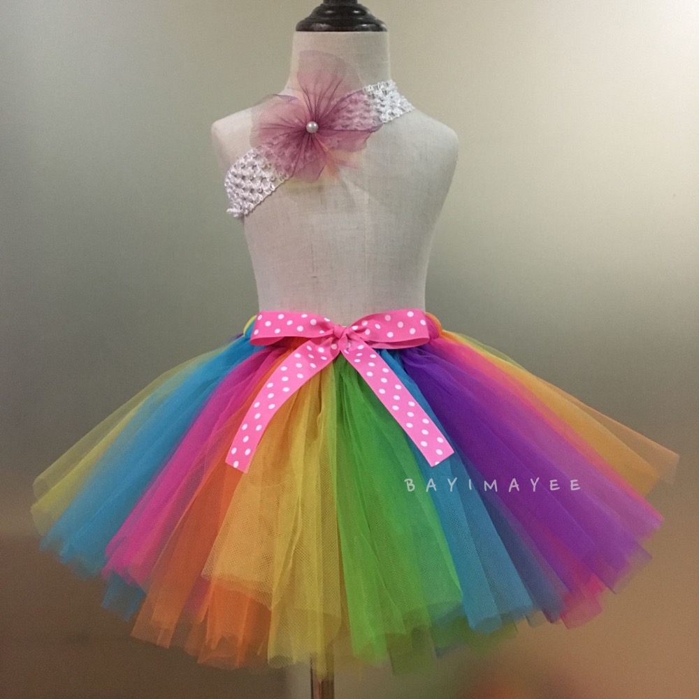 Girls Rainbow Tutu Skirt Infant Toddler Ballet Dance Underskirts with Hairbow Kids Birthday Christmas Party Costume Skirts