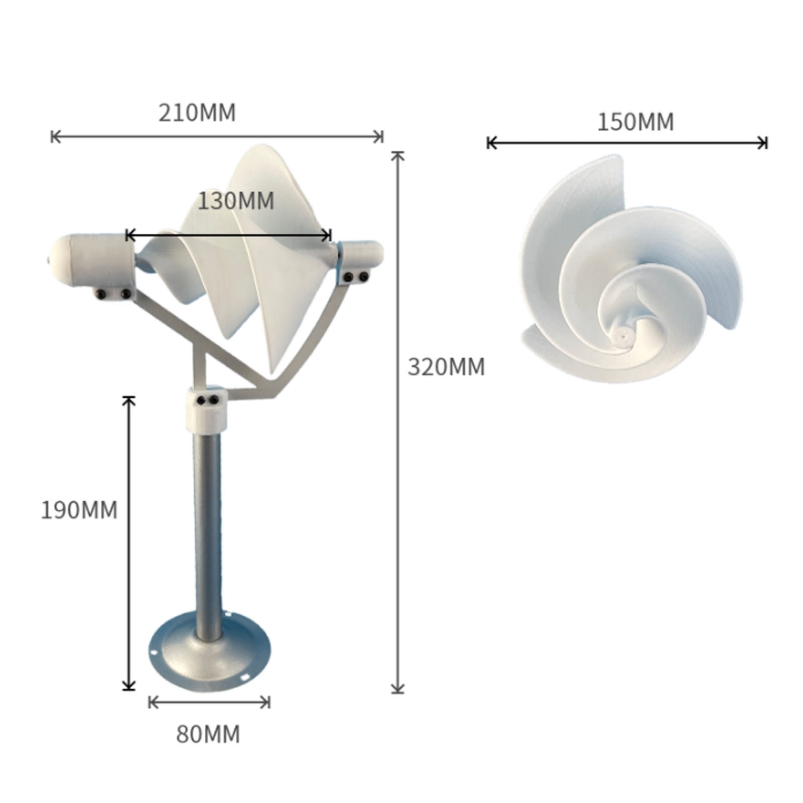 Turbina eolica a spirale in miniatura da 10 W Lampada di alimentazione scientifica Modello del generatore di vento solare bianco con luce a LED 320mm