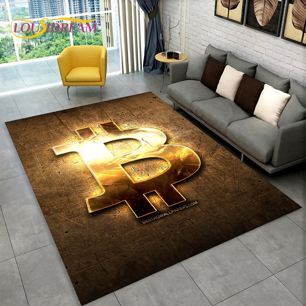 3Dビットコイン仮想通貨エリアラグ大型、リビングルームベッドルームソファソファプレイルームドアルルーム装飾用のカーペットラグ、キッドノンスリップフロアマット