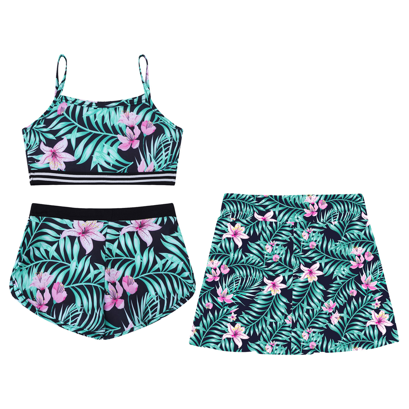 Kids Girls Print Swimsuit Children Rash Guard Swim Vest Crop Tops with Shorts Skirt Swimwear Pool Bathing Suit Beachwear