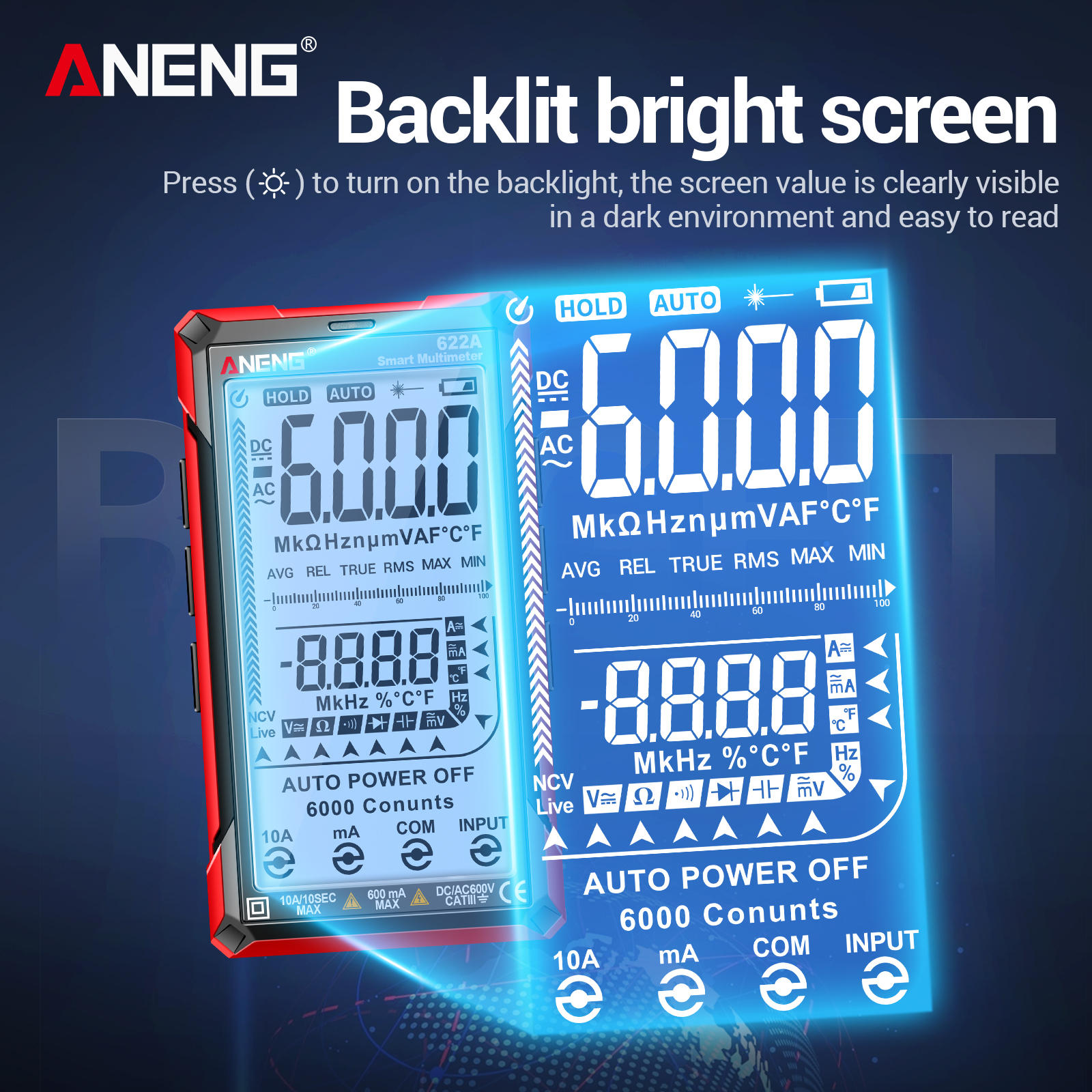 Digital multimetertestare Smart Touch Auto-Ranging 6000 räkningar Uppladdningsbar anti-Burning Ohm amp Voltmeter med DC/AC-ström