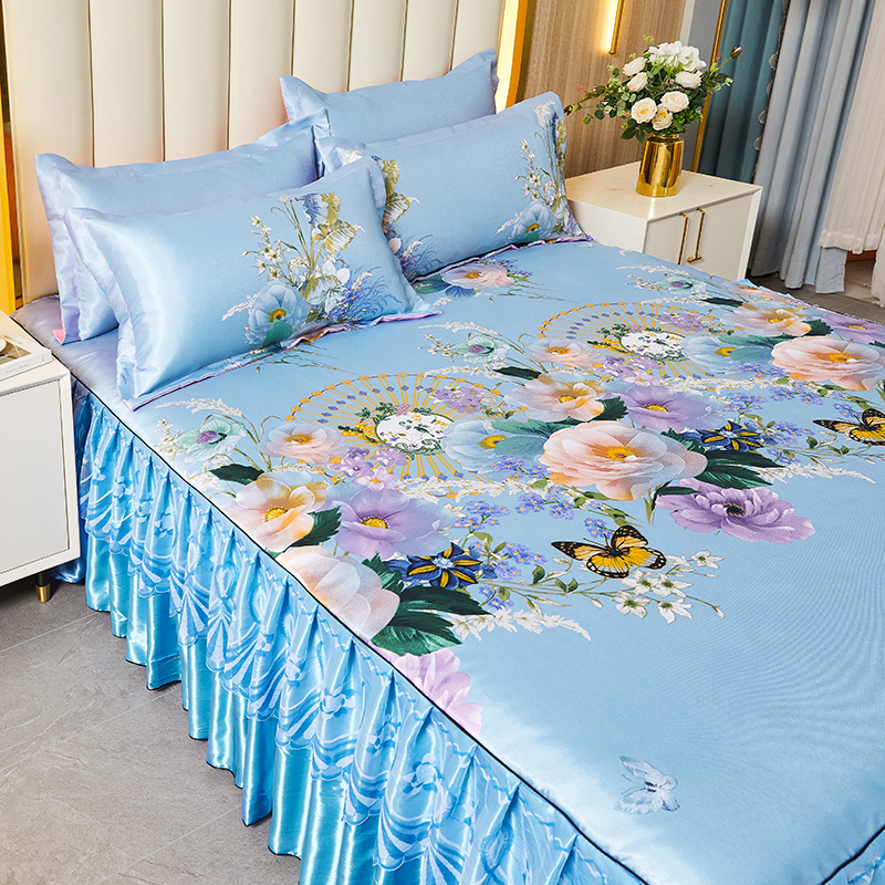 Kylbäddskjolkudde för sommaren Colcha de Cama Queen Floral Style Bedstrast 180x220 spetsar lakan med anti -slipremmar