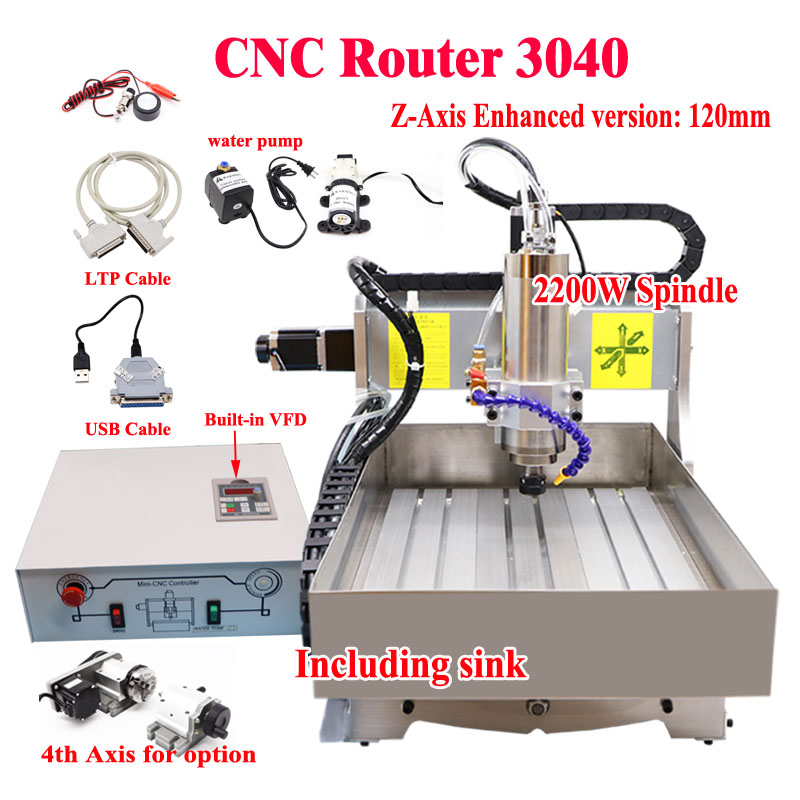 4 Axis CNC 3040 2.2KW Metal trägraveringsmaskin med handfat Tank Carving Mach3 CNC Router Milling Machine 4030 USB LTP