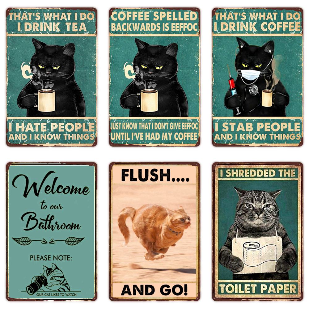 Black Cat Vintage Tin Signs Before Coffee I Hate Everyone Wall Decor Funny Metal Art Poster for Home Bar Pub Cafe Farm Bathroom