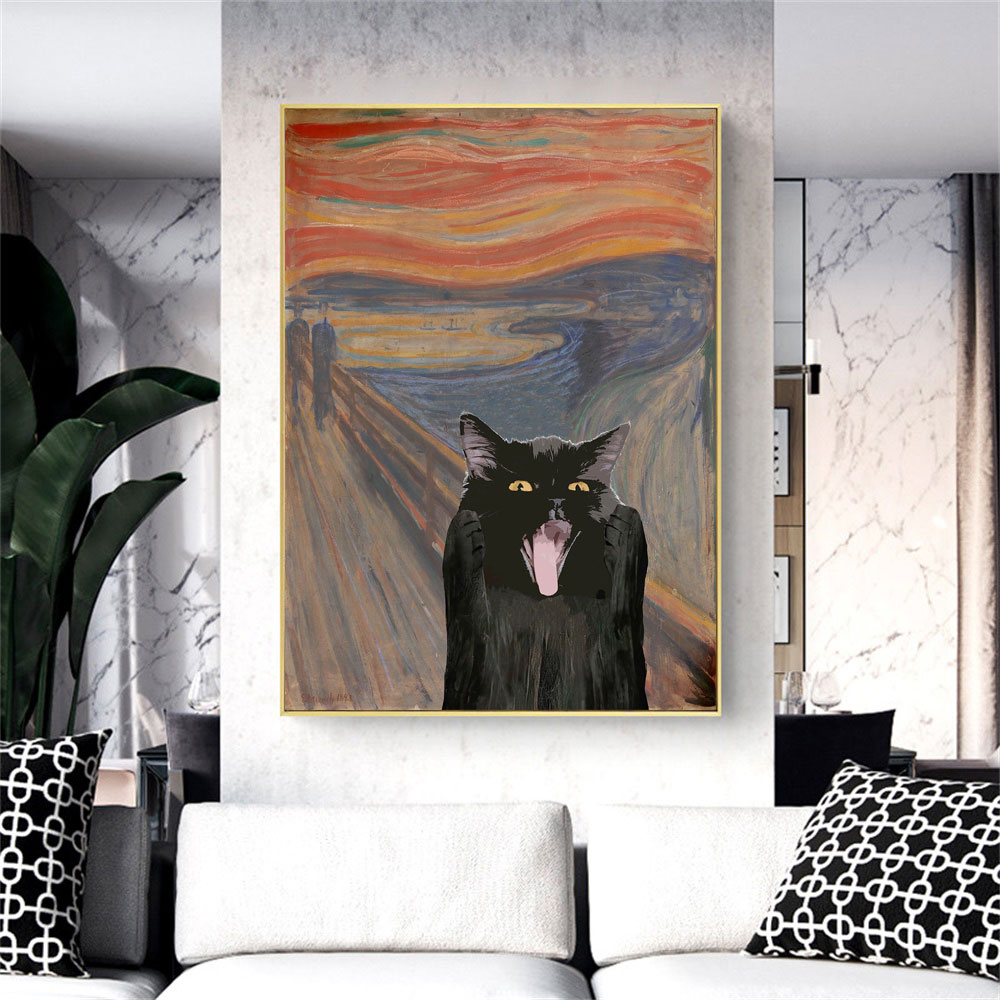 Monet Waterlily Cat Print Funny Black Cat Poster Print Canvas Wall Art Van Gogh Cafe Terrace Målning för vardagsrum Heminredning