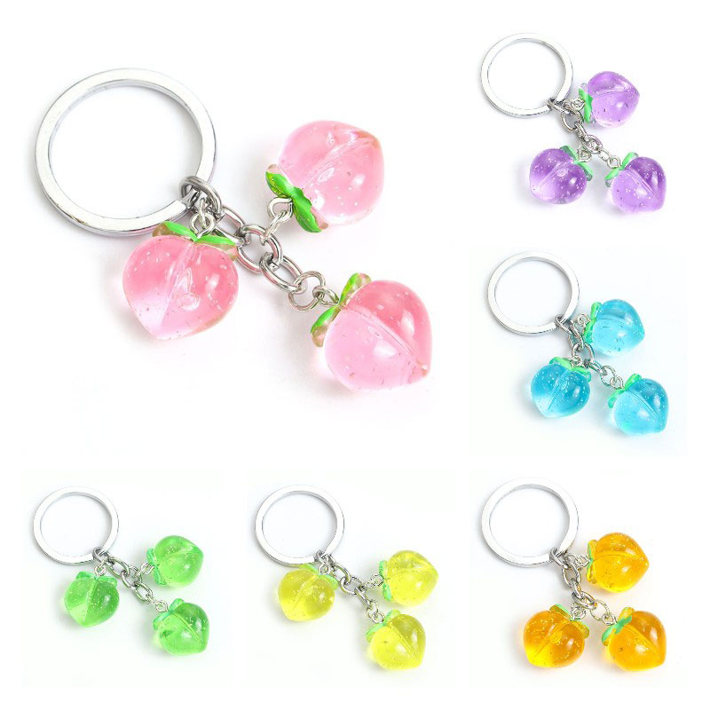 معلقات شكل خوخ لطيف راتنجات مفاتيح kawaii حلوى اللون الفاكهة الاكريليك سبيكة keyrings للرجال النساء الفتاة هدايا حلقة المفتاح