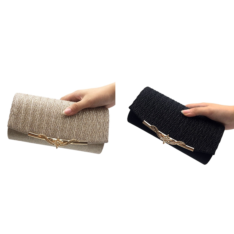 Women Evening Bag Party Banquet Glitter Bag For Women Girls Wedding Clutches Handbag Chain Shoulder BagBlack & Champagne