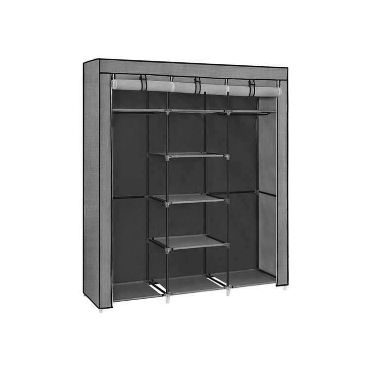 Portable Wardrobe, Wardrobe, Fabric Wardrobe with 2 Clothes Rails, Nonwoven Cover, Shelves, Herringbone, Grey