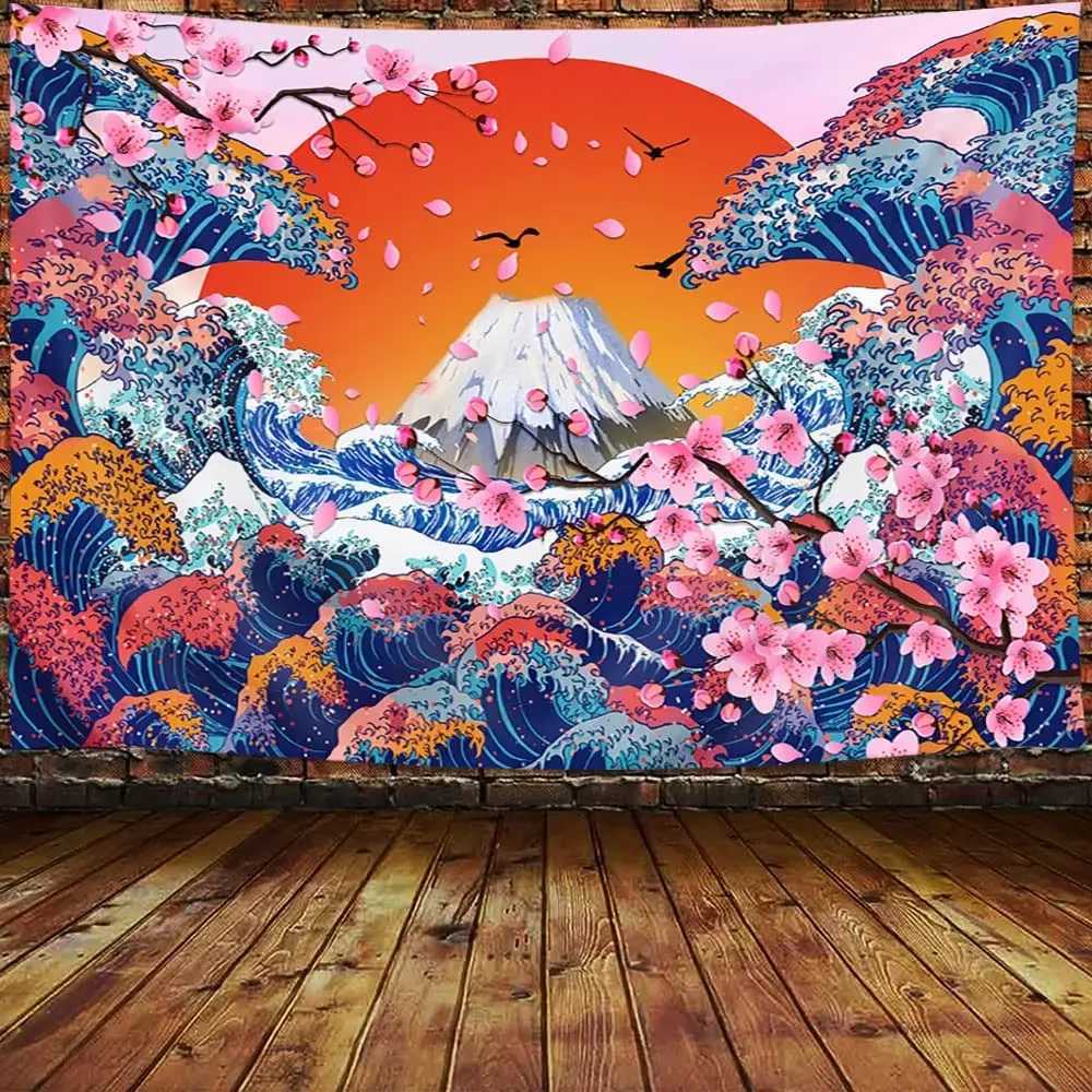 Anime manzara goblen Japon dağ halılarını kiraz çiçeği halılara göre Sakura köyü estetik sanat duvar goblen r0411 için