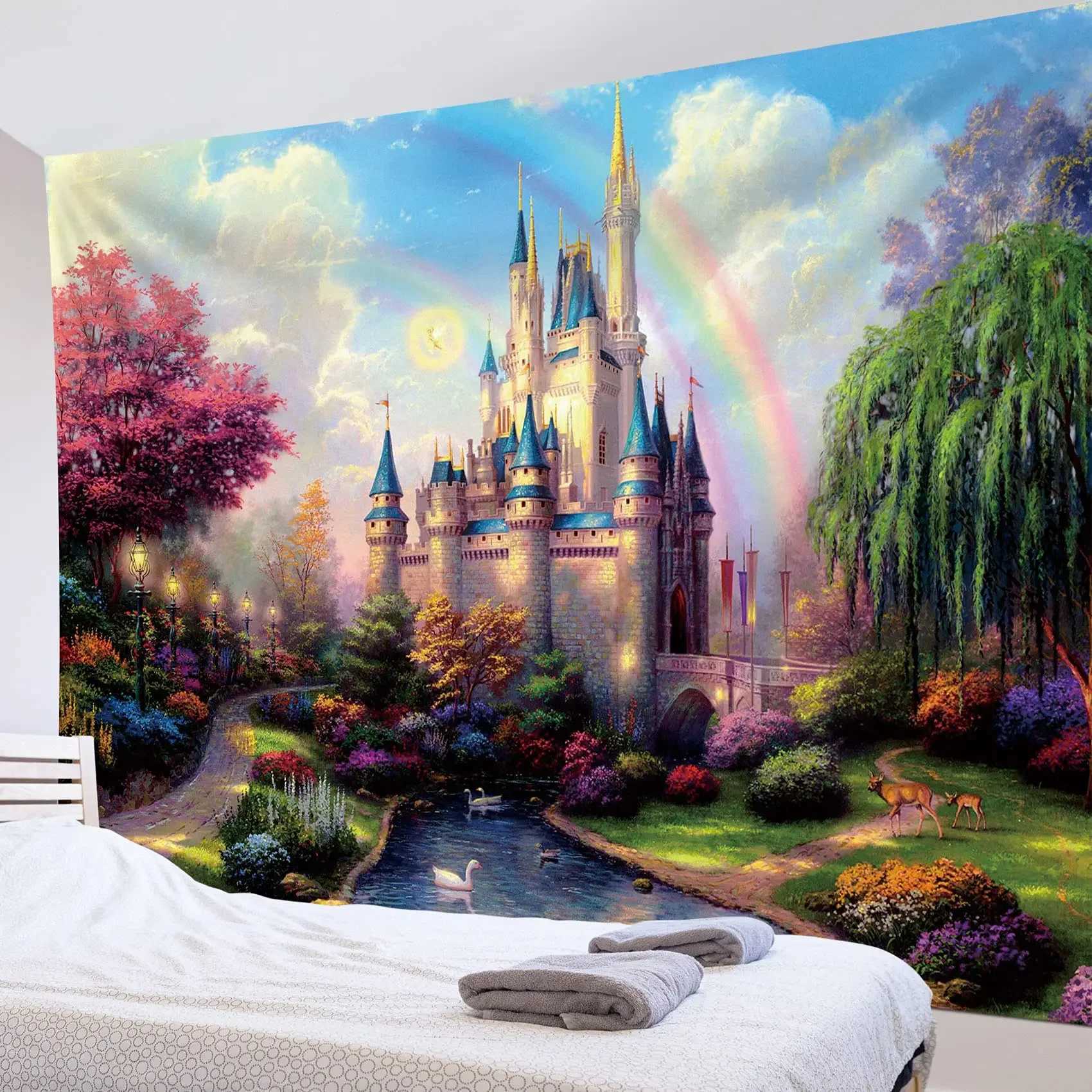 Castle Tapestries Fairy Tale Fantasy World World Cartoon Forestry Tapestry Magic Tapestrygirls Camera da letto soggiorno Dorm Party Wall Decor R0411