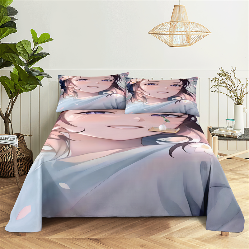 Anime sexy meisje 0.9/1.2/1.5/1.8/2.0m digitaal print polyester bed platte vel met kussensloopafdruk beddengoedset