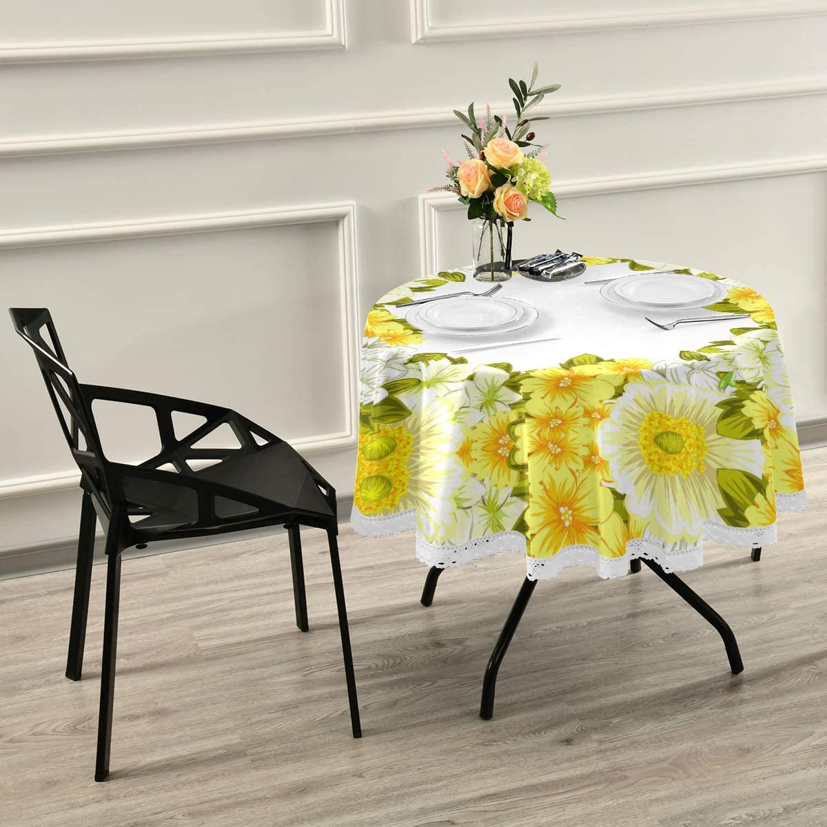 Grinalda amarela Tala de mesa redonda Flor colorida Floral poliéster Branca Talha de mesa de renda 60 polegadas para o jantar Mesa Decoração