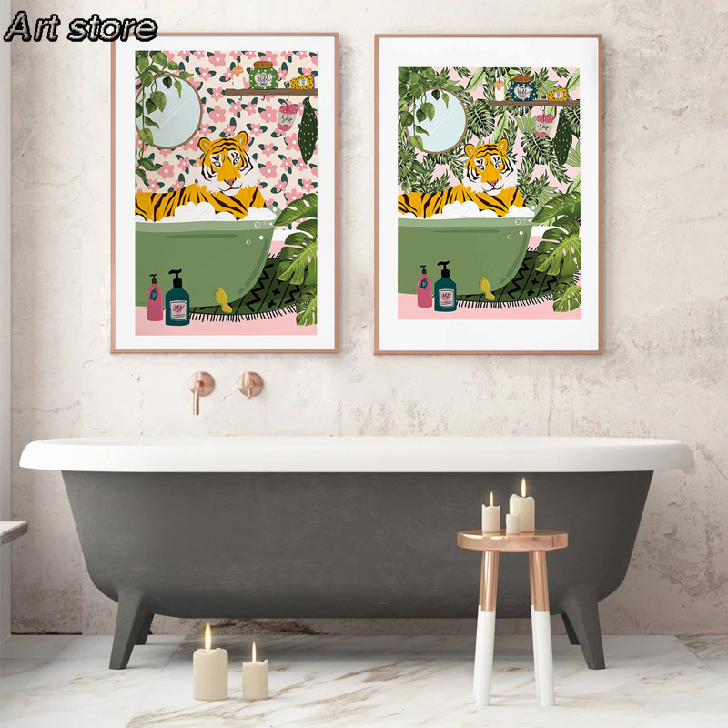 Tiger in der Badewanne Botanische Tierdruck Poster Tropischer Dschungel Wandkunst Leinwand Schmerztoilette Toilettensafari Wohnungsdekoration