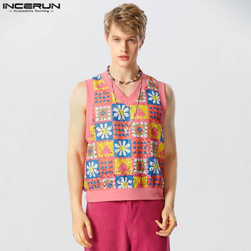 American Style New Mens Tracery Lace Printed Vests Casual Streetwear Male Cropped Loose V-neck Waistcoat S-5XL INCERUN Tops 2023