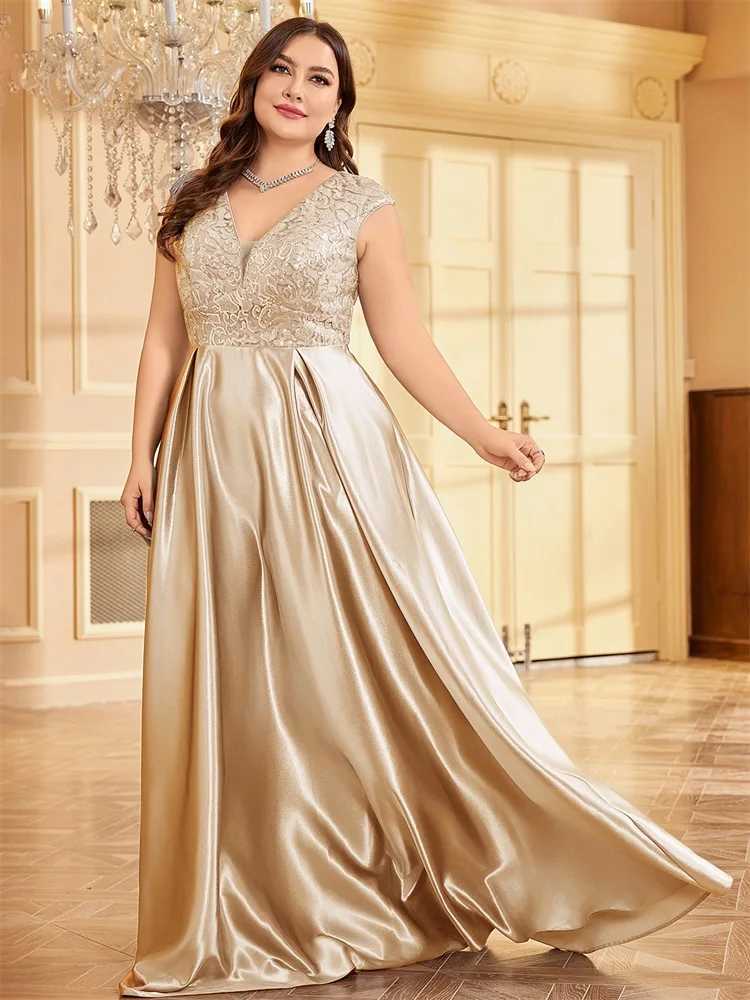 Urban Sexy Dresses Lucyinlove Plus Size Luxury Gold Satin V-Neck Evening Dress Women Satin Wedding Party Prom Floor Lenght Cocktail Dress Gowns 240410