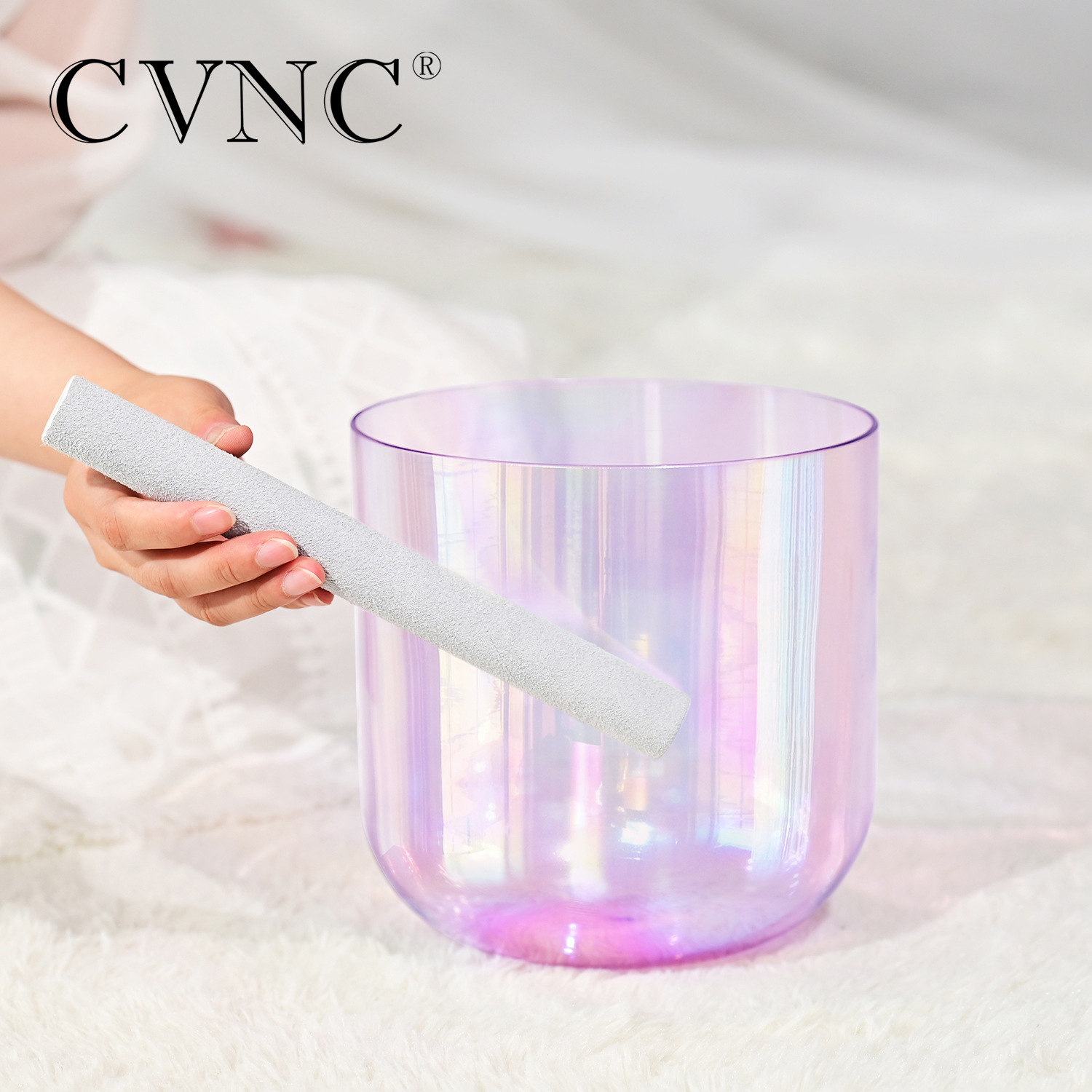 CVNC Alchemy de 7 pulgadas Clear Crystal Singing Bowl Purple con luz cósmica para curación de sonido con mazos y juntas tóricas gratis