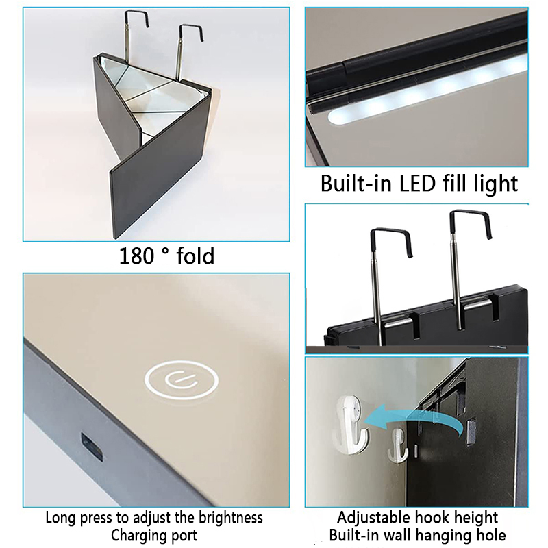 3 웨이 거울 자기 이발 360 LED 조명 조절 가능한 접이식 욕실 샤워 면도 거울 목욕 메이크업 도구를 가진 메이크업 미러