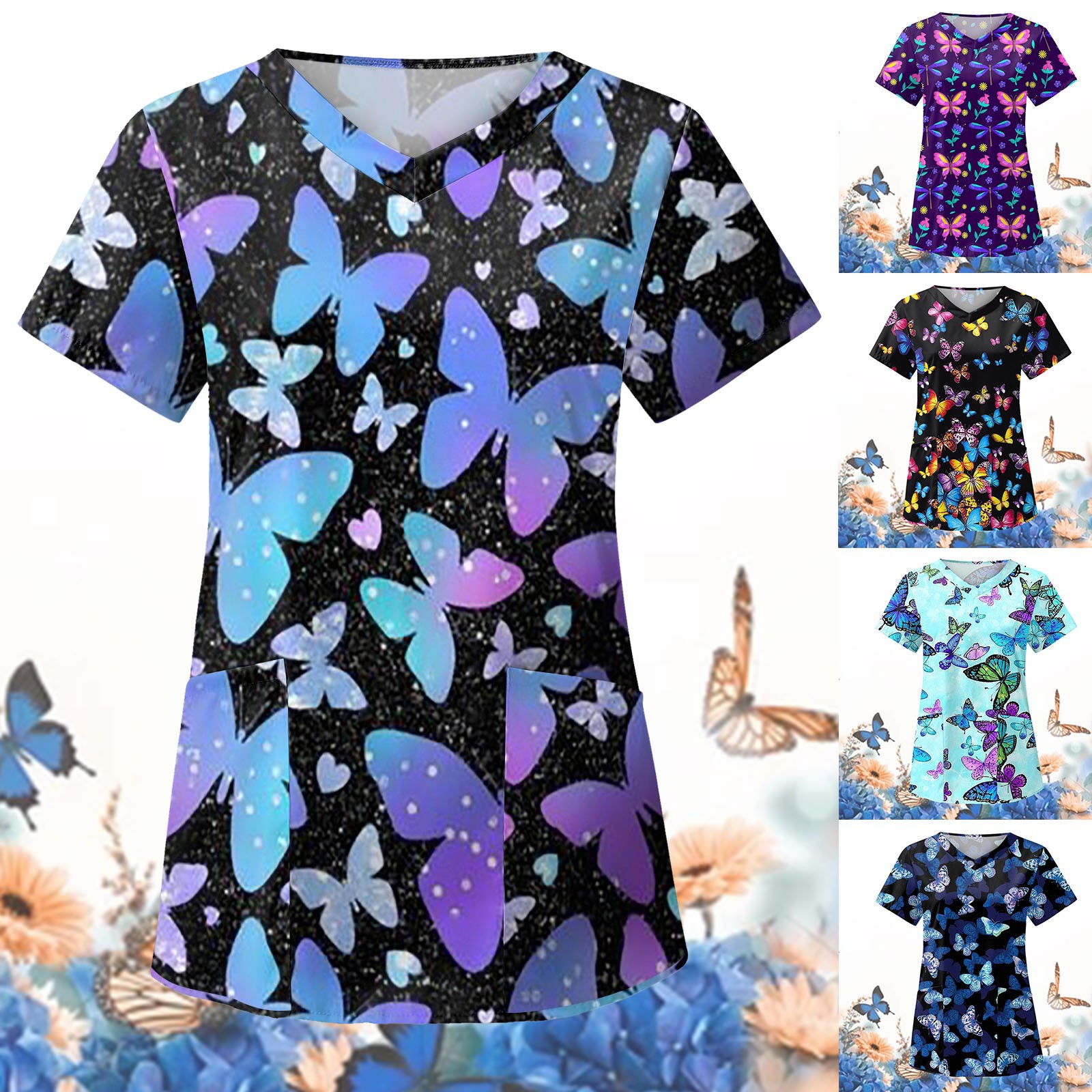 Butterfly Clinic Carer T-shirt Women Working Blouse Workwear Healthcare Medical Nursing Nurse Hospital Uniform Tops ShortSleeve