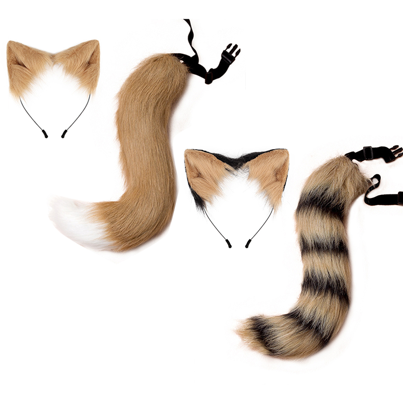 Furry Tail Plush Headband And Tail Set Animal Wolf Dog Fox Ears Headband Cosplay Girl Plush Furry Ears Hair Hoop