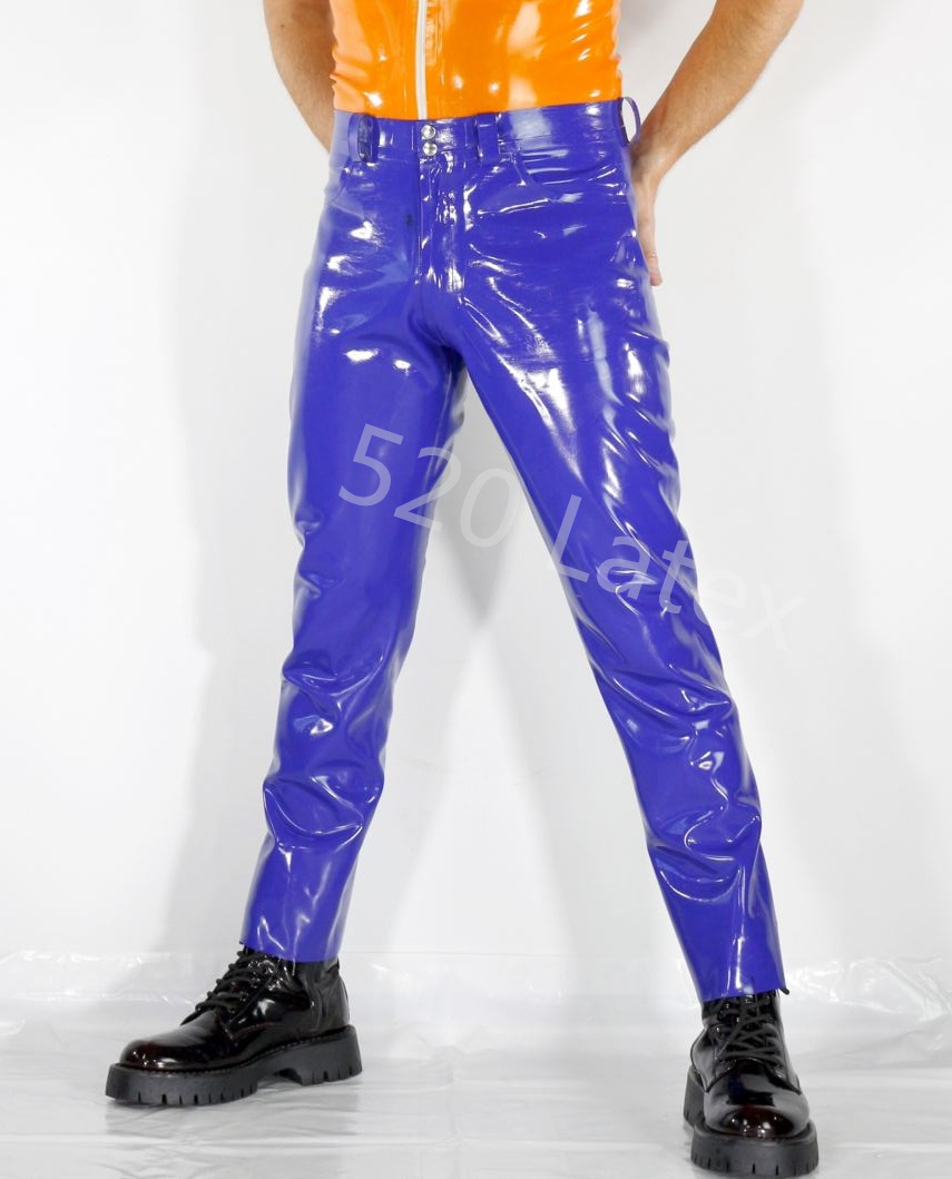 Leggings de latex pour hommes faits à la main pantalon en caoutchouc en jean bleu masculin avec couleur personnalisée de poche