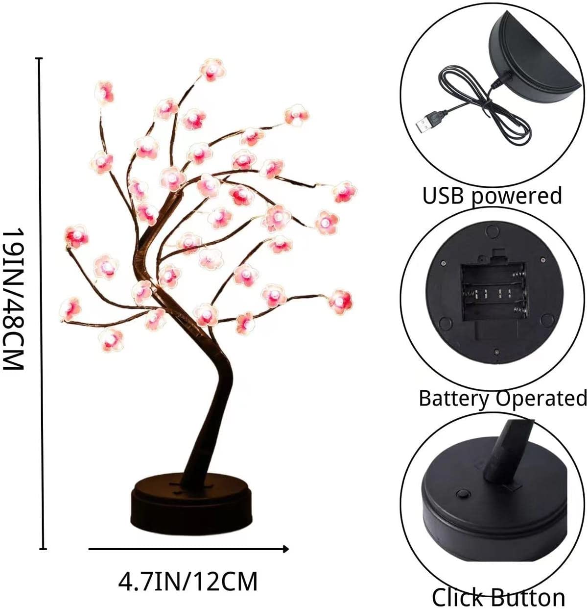 Plum Blossom Bonsai Tree Light - Artificial Fairy Light Spirit Tree med 36 LED -plommonblombelysning, dekor av sovrum, jul