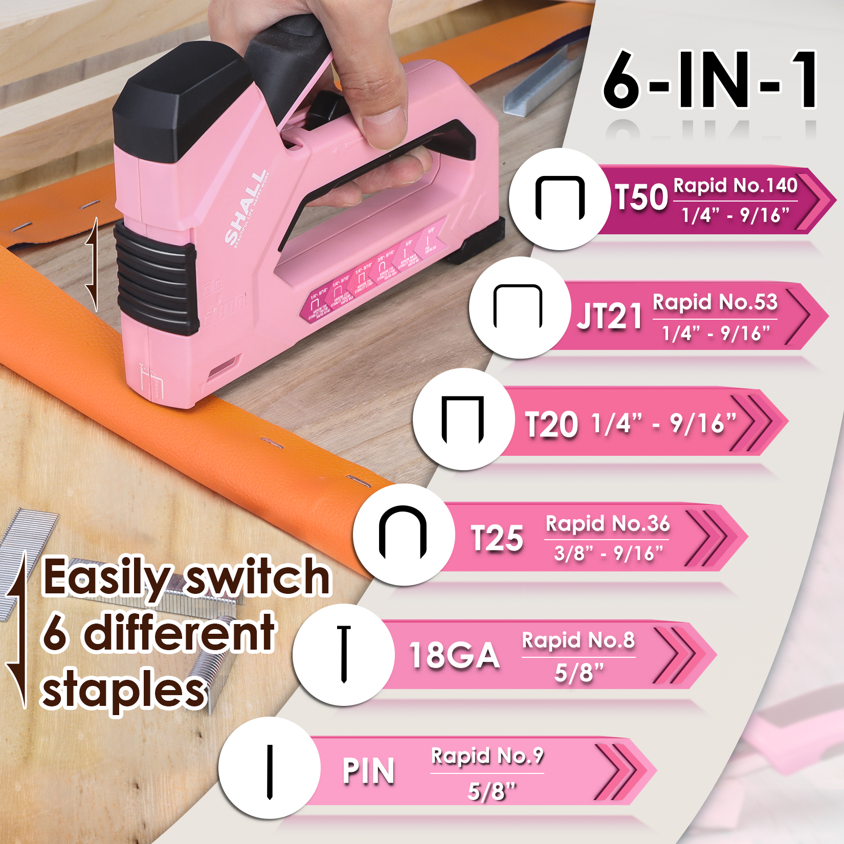 SHALL Staple Gun Heavy Duty 6 in 1 Manual Brad Nail Gun with 4000 Count Staples & Staple remover for Upholstery Material