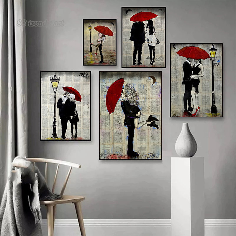 Ретро -пара любителей красных под зонтиком картины винтажные пары плакаты и принты стены искусство картин