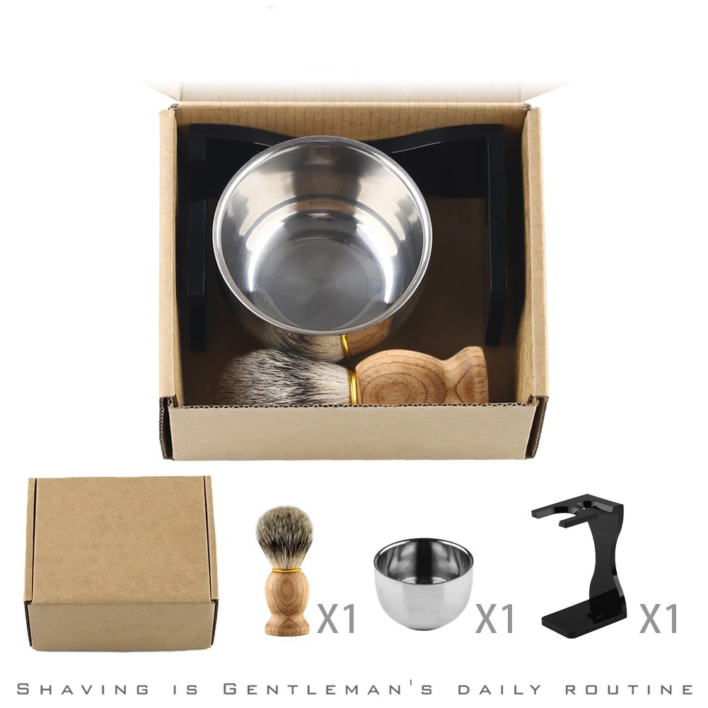 Shaving Badger Brush Stand Bowl Kit, 22mm, Barber Wood Handle Brush, Clear Acrylic Stand, Bowl Set for Men Wet Shaving Gift