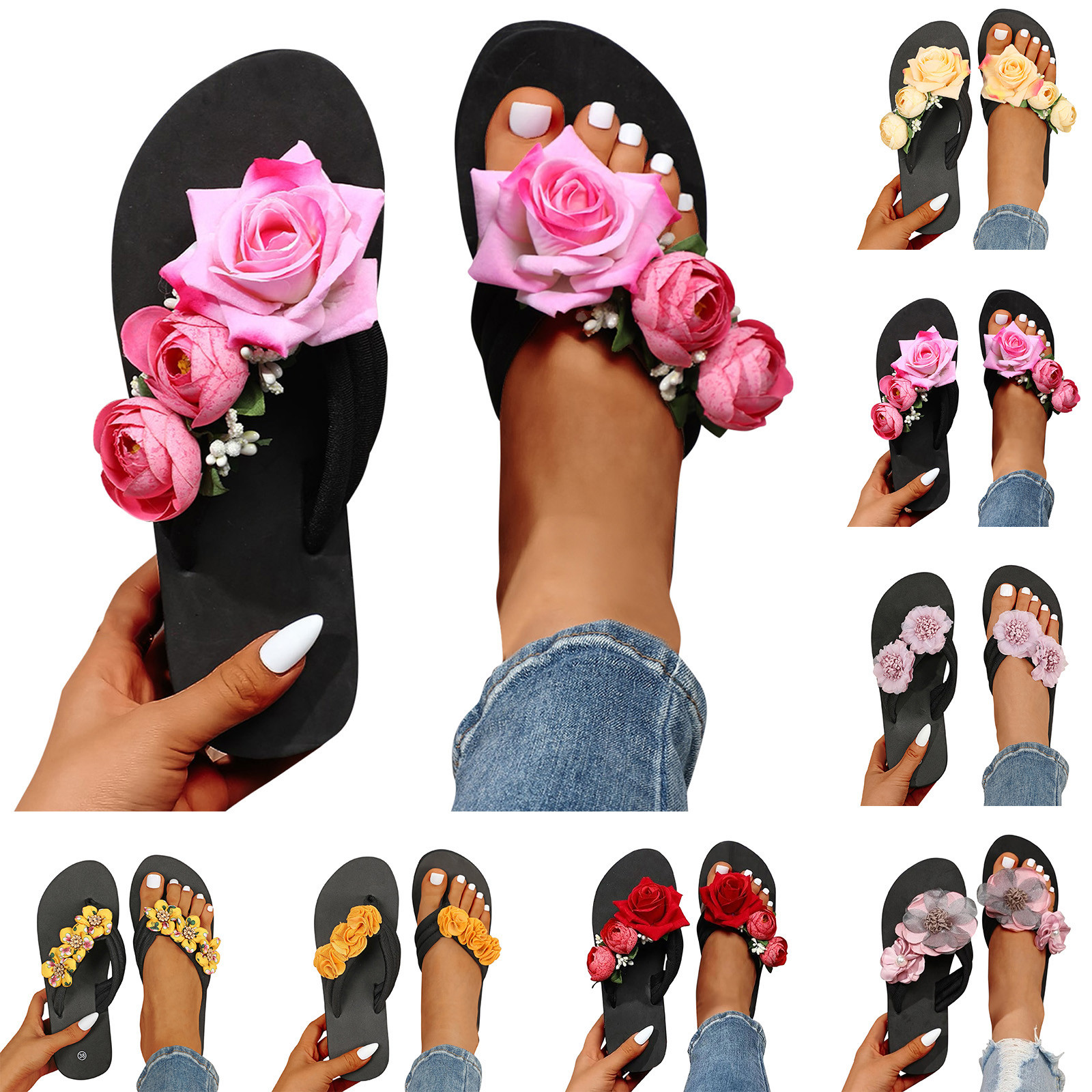 Slippers for Women Mesdies Flip flip flip ouverts fleurs Bohemian Sandales Femmes S chaussures sandales Femmes Sandales plates Nouvelles 8