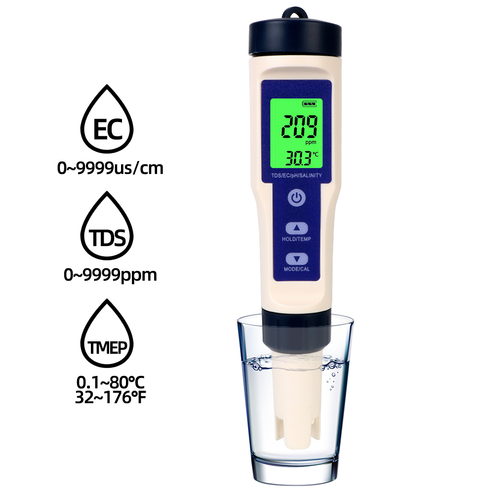 Water Quality Detector 5 in 1 PH/TDS/EC/SALT/TEMP Temperature Hydrogen-rich Meter Purity Measure Tool