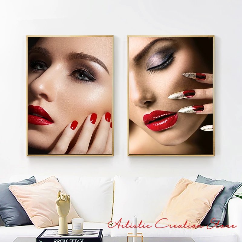 Beauty Nail Shop Lips Red Art Affiche photo toile peinture imprimement images de beauté maquillage de cils de manucure de manucure nordique décor de chambre nordique