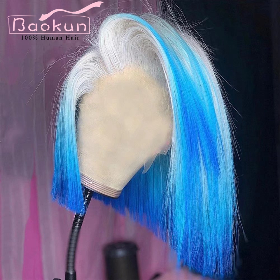 Colored Blue Pink Purple Bob Wig Lace Front Human Hair Wigs HD 360 Lace Frontal Wig Transparent Remy Short Ombre Wigs For Women