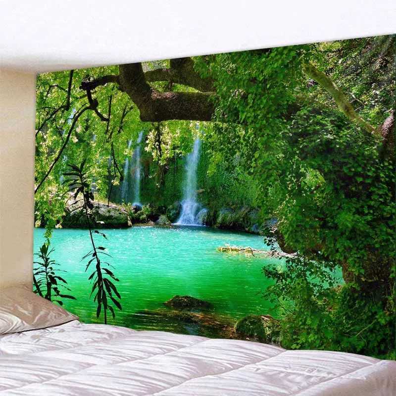 Waterfall Forest Tapelestries View Tapestry Natural Wall Hanging Mandala Home Art Decor Hippie Boho Bakgrund Tyg Yoga Madrass Sheet R0411