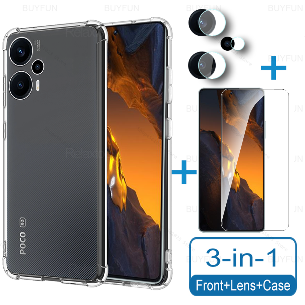 3in1 pour Xiaomi Poco F5 Pro 5G Case Temperred Glass Lens Film Poko F5pro POCOF5 POCOF5pro Protecteur d'écran Clear Soft Cover Funda