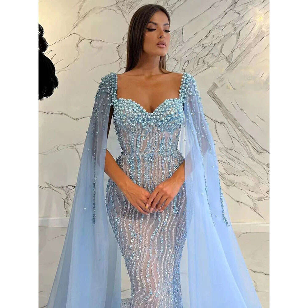 Women Prom Fashion Square Collar Pearls Sequined Lace Party Gowns Elegant Floor Length Mermaid Evening Dress