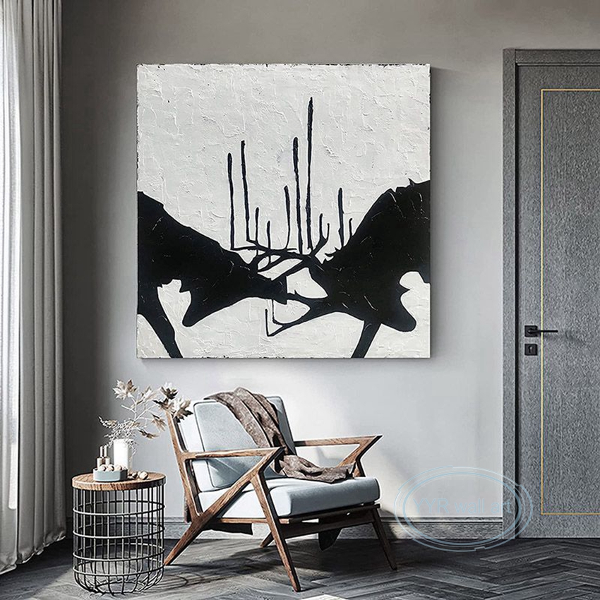 Nordic Wall Poster Abstract Simple Animal Decorative Oil Painting 100% Hand Drawn Black Elk Canvas Art Living Room Bedroom Mural