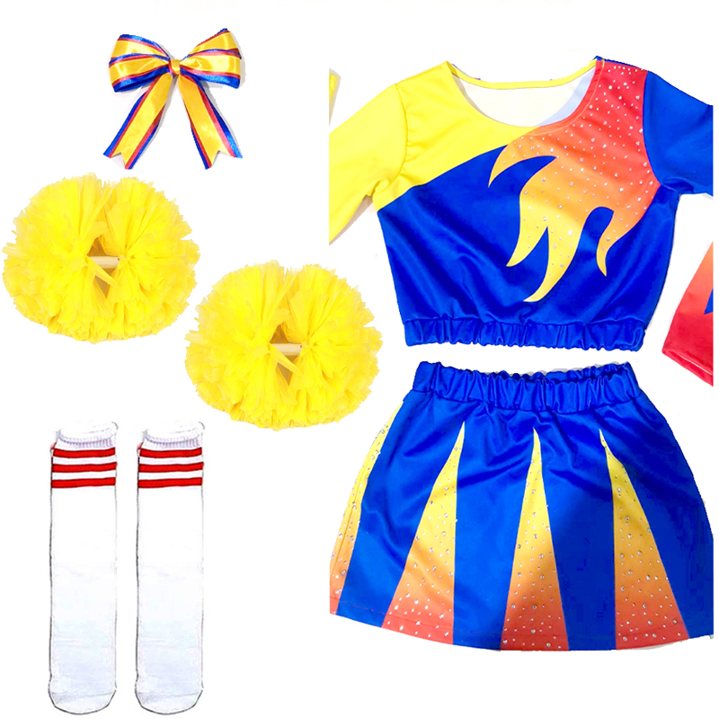 Pompoms and Socks Girls Cheerleading uniform Flash Drill Dance -kostuum Lange mouwen Dames Cheerleader Outfit Ronde halslijn