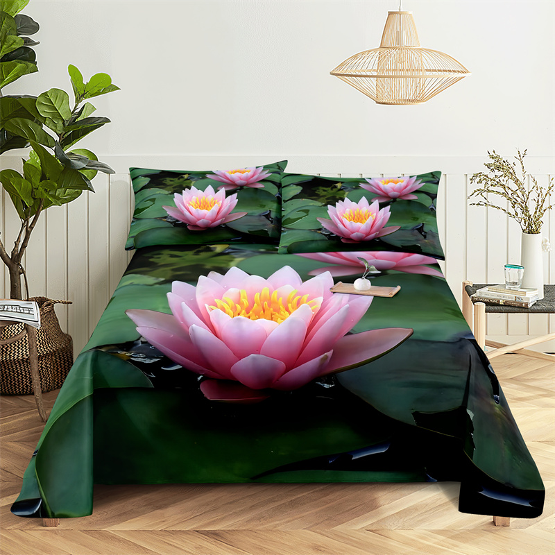 Pink Lotus 0.9 / 1.2 / 1,5 / 1,8 / 2,0m feuilles de litière Set Luxury Digital Polyester lit Plat à plaques plates et taies d'oreiller