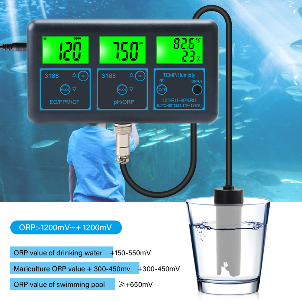 WIFI 7in1 Vattenkvalitetstestare Multi-parameter Vattenanalysator PH/ORP/EC/PPM/CF/Fuktighet/temperaturövervakningsmätare